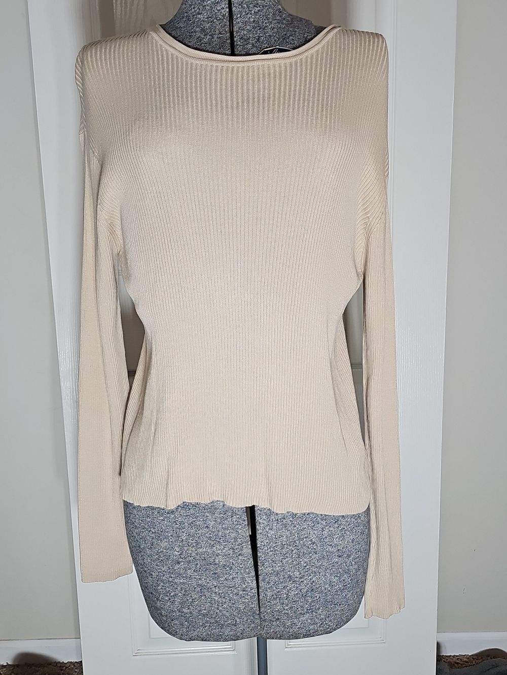City Silk Champagne Beige 70% Silk Ribbed Fine Knit Long Sleeve Top Sweater  XL